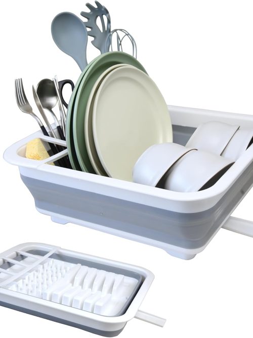 Collapsible Dish Drainer with Drain Plug and Swivel Spout, Space-Saving, Portable Dish Rack for Kitchens, RVs, Campers and Travel Trailers