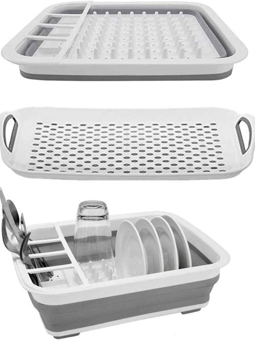 Collapsible Dish Drying Rack Portable Dinnerware Drainer Organizer for Kitchen RV Campers Travel Trailers Space Saving Kitchen Storage Rack Tray (with Drainboard)