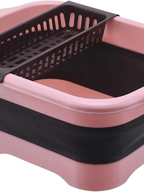 2.77 Gallon (10.5L) Collapsible Dish Basin with Drain Plug, Outdoor Multiuse Foldable Sink Tub, Dishpan, Wash Basin, Portable Kitchen Storage Tray for Camping, RV, Beverage Bucket (Pink)