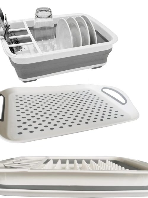 Collapsible Dish Drying Rack with Drain Board Set Portable Dish Drainer Foldable Drying Dish Storage Rack Silverware Organizer