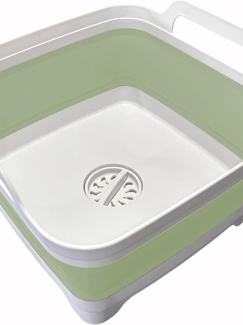 9L (2.4Gal) Dish Basin Collapsible with Drain Plug , Space Saveing Kitchen Storage Tray Dish Wash Basin, Portable Dish Tub, Foldable Dishpan for Camping ,RV,Green