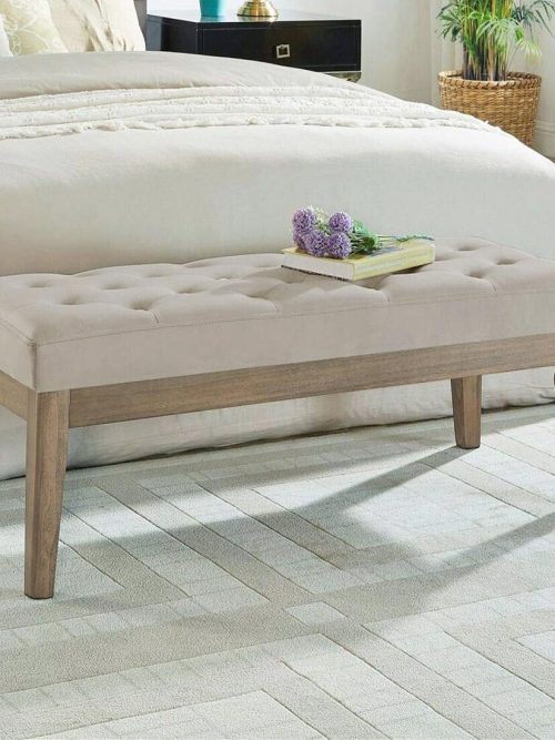 24KF Velvet Upholstered Buttons Tufted Entryway Bench with Solid Wood Leg,Bed Bench Ottoman with Padded Seat,5034-Taupe
