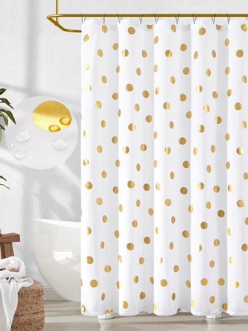 White and Gold Polka Dot Shower Curtain, Gold Foil Spot Pattern Modern Waterproof Fabric Shower Curtains for Bathroom with 12 Hooks Machine Washable 70x72 Inches