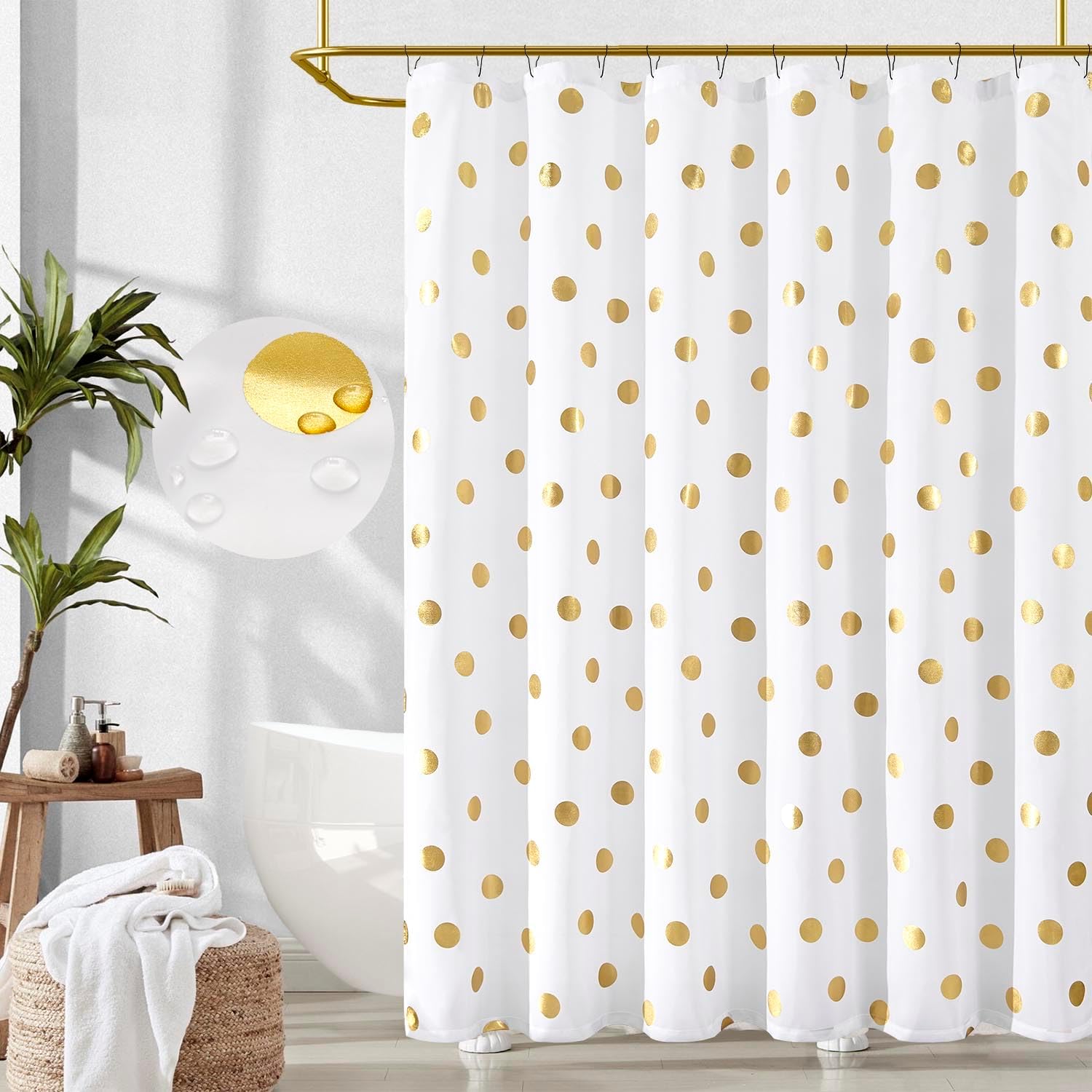White and Gold Polka Dot Shower Curtain, Gold Foil Spot Pattern Modern Waterproof Fabric Shower Curtains for Bathroom with 12 Hooks Machine Washable 70x72 Inches