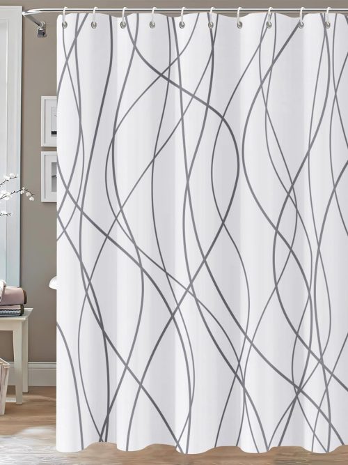 Shower Curtain,Grey and White Striped Fabric Shower Curtains for Bathroom with 12 Hooks, Modern Geometric Grey Shower Curtain,Textured Fabric Waterproof Abstract Shower Curtain Sets72x72