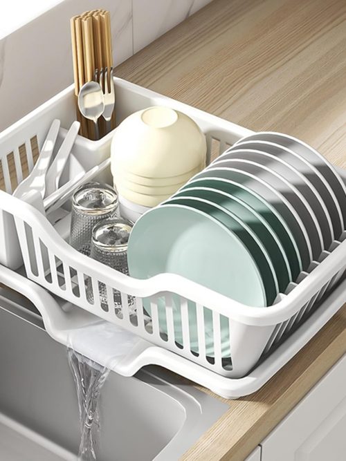 2-Piece Plastic Dish Drying Rack, Heavy Duty Sink Set Dish Rack, White Large Drainer with Attached Drainboard Utensil Cup Holders for Home Kitchen Counter Top Organizers