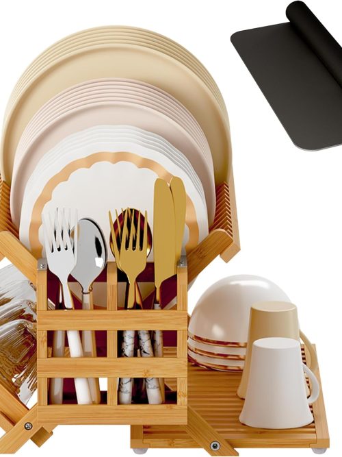 Bamboo Dish Drying Rack with Utensil Holder, 3 Tier Collapsible Dish Rack, Wooden Dish Racks for Kitchen Counter, Large Folding Drying Holder with Absorbent Dish Drying Mat