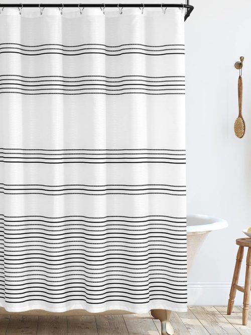 Black and White Shower Curtain for Bathroom Modern Farmhouse Striped Waterproof Fabric Shower Curtain Set with 12 Hooks Machine Washable 70x72 Inches