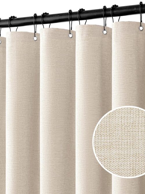 Linen Shower Curtain with 12 Metal Hooks Modern Heavy Duty Washable Beige Fabric Shower Curtain Set Waterproof Neutral Thick Cloth Shower Curtains for Bathroom Bathtub Washable, W72*L72, Cream